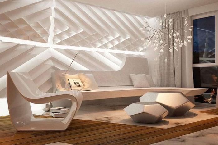 futurismus ve stylu obývacího pokoje v neobvyklé barvě