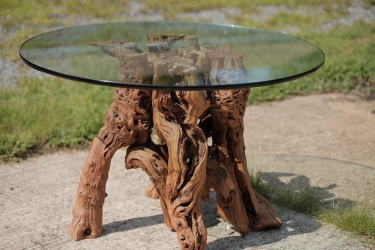 Havekunst fra drivved -bord-oval-glas-glas-dekoration-skulptur