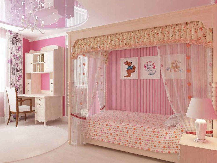 lille-prinsesse-planteskole-pink-væg-massiv-baldakin-seng-hvidt-tæppe-skab-stræk loft