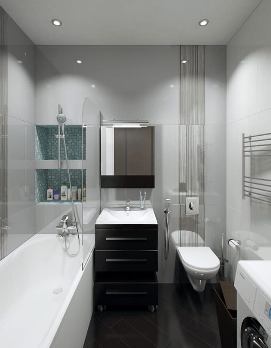 Yhdistetyn kylpyhuoneen sisustus mustavalkoinen