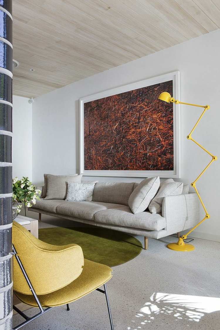 grå og gul i stuen moderne gulvlampe-vægmaleri-dekoration