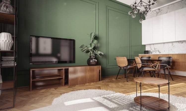 stue i midten af ​​århundredet stil - olivengrøn kombineret med mørkt træ