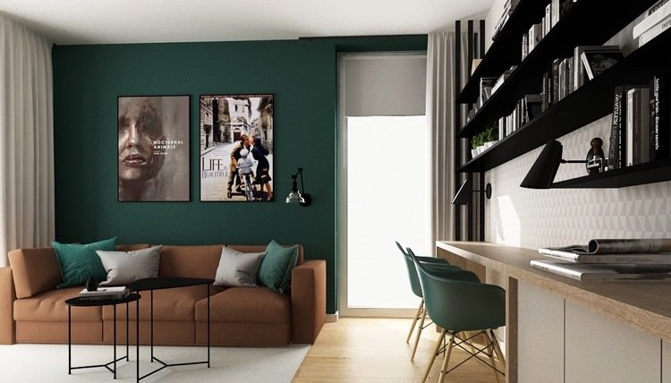 mørkegrøn vægstue kombineret med brun sofa og sorte elementer