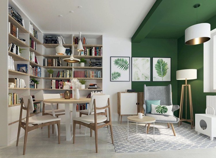 Stuen farve grøn og lyse møbler