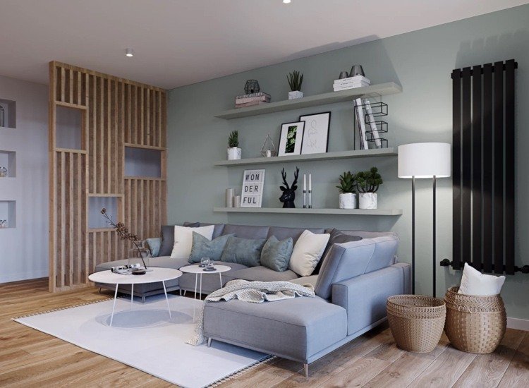 stue mintgrøn kombineret med en grå sofa og lyst træ