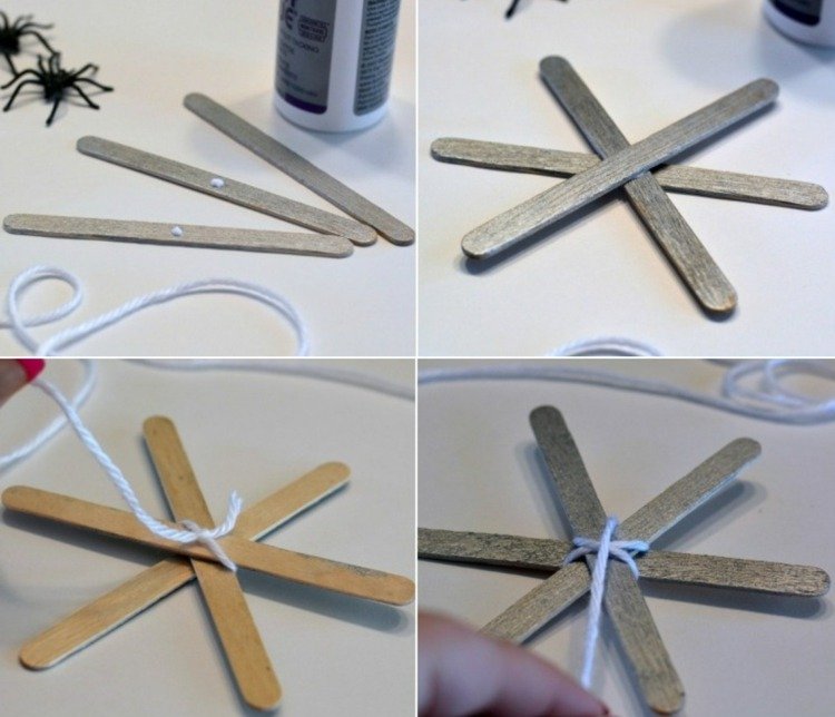 Lim popsicle sticks sammen og pakk dem med uldtråd