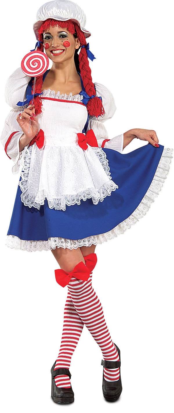 Klud-dukke-chic-karneval-kostume-rød-fletninger-kort-kjole