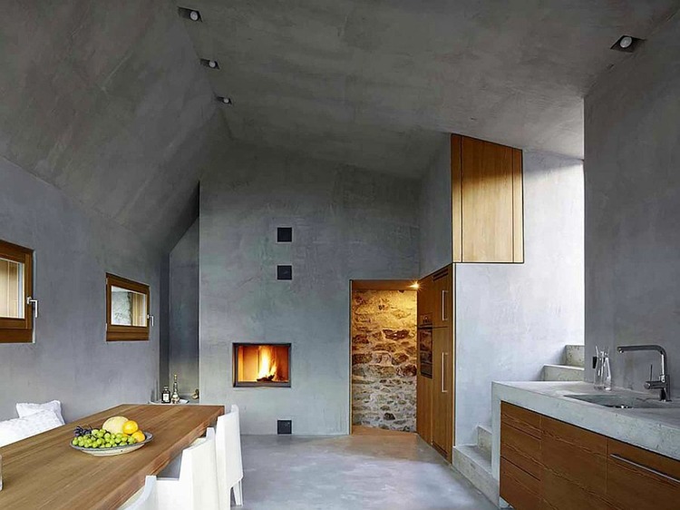 beton køkken træskabe pejs schweiz design