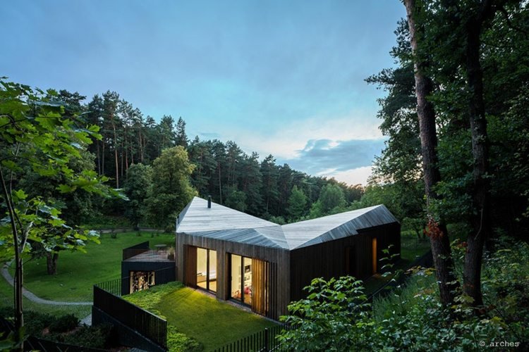 hus-bjergskråning-grøn-terrasse-græsplæne-skov-abstrakt-tag