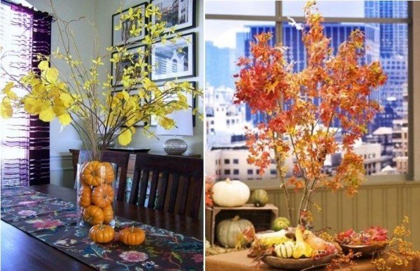 lav dig selv bordpynt-efterårsblade farverige-gule græskar-glas