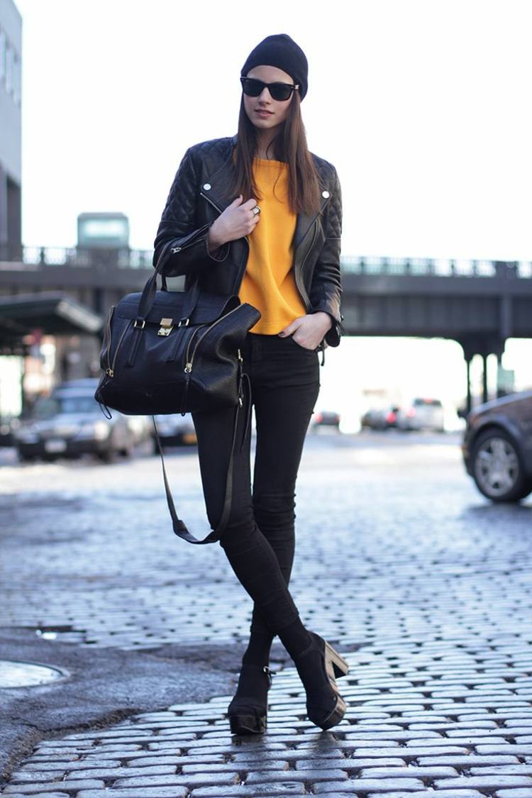 efterårstøj med læderjakke maskulin idé gul ​​skjortehat