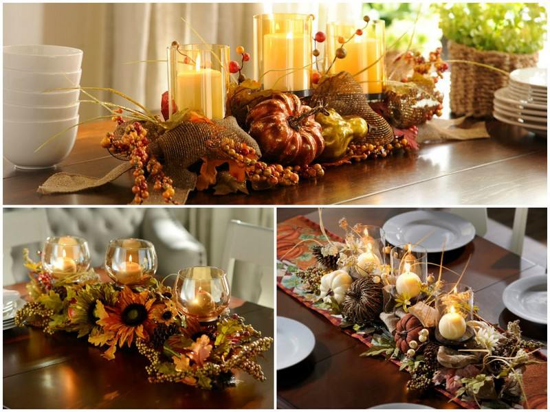 Efterårsdekoration-naturmaterialer-borddekoration-efterårsblade-dekorative græskarlys