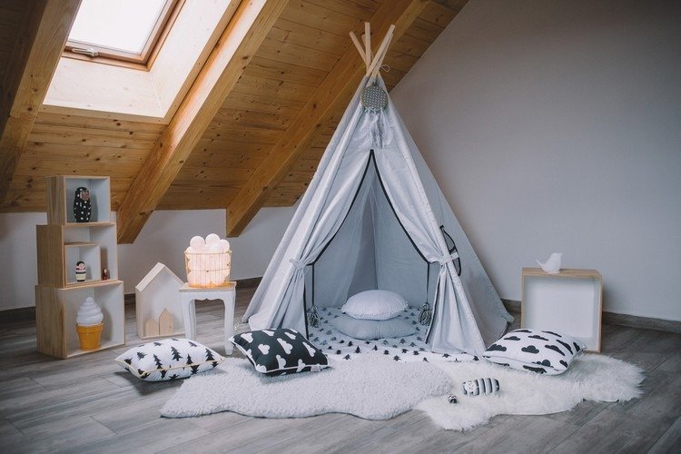 originale børnegrotte bygge teepee børneværelsestæpper sædehynder