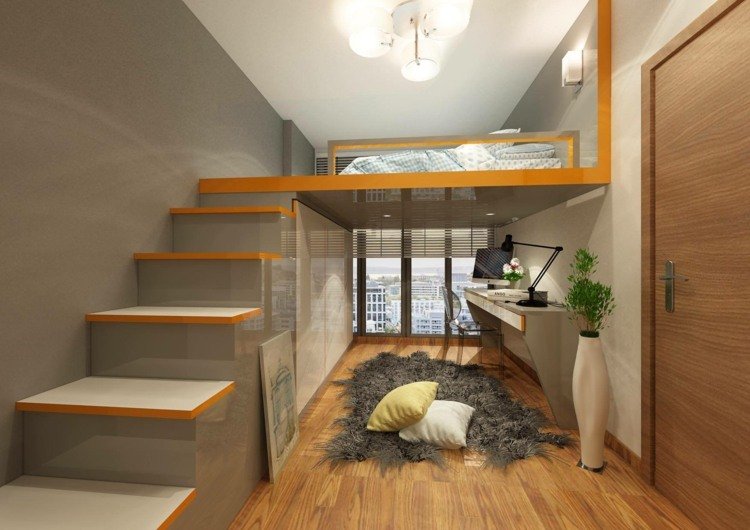 Minimalistisk højglansloftsenge til voksne med indbygget garderobe under trappen