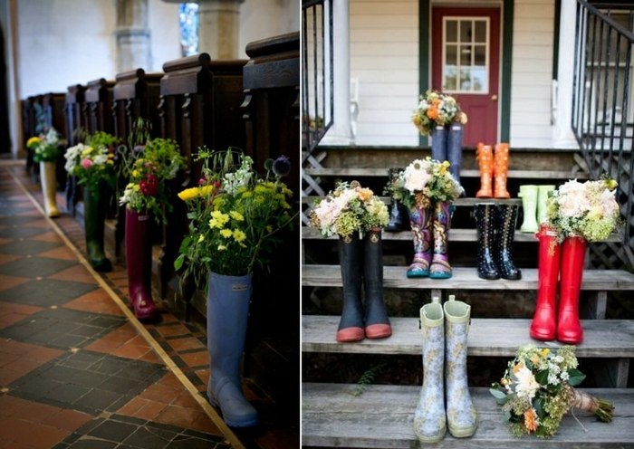 Arrangement af blomster til bryllupsdag med regn