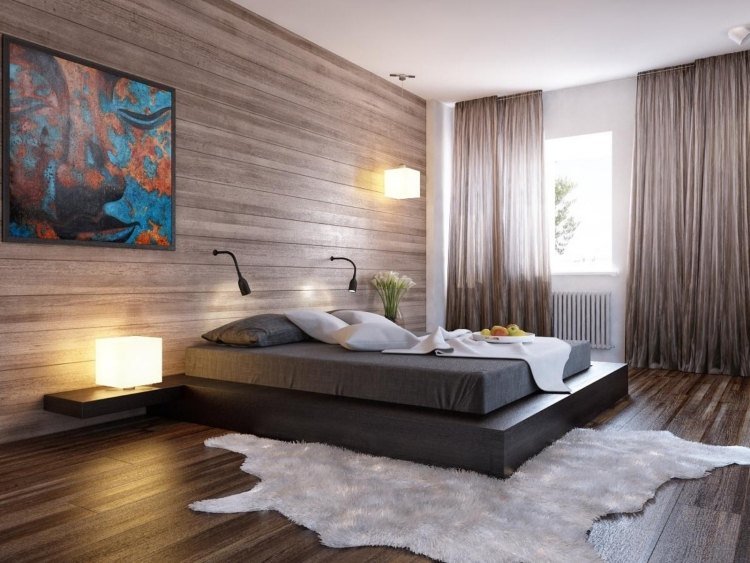 tapet-træ-træ-look-soveværelse-seng-minimalistisk-gardin-billede