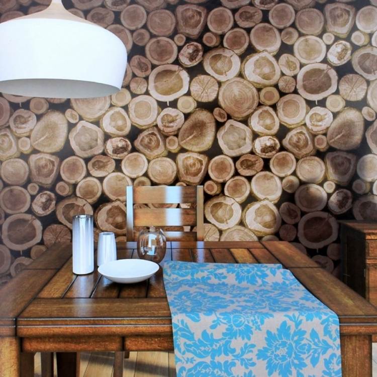 tapet-træ-træ-look-træ-skiver-spisebord-bord-løber-blå-vedhæng lampe