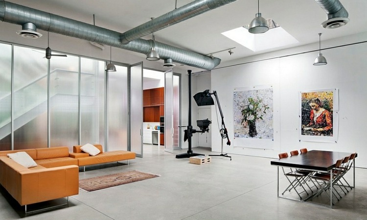 Hjemmekontor-industriel stil-møblering ideer-sofa-orange