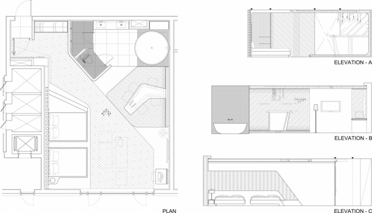 hotelværelse design indirekte belysning grundplan sidevisning soveområde bar