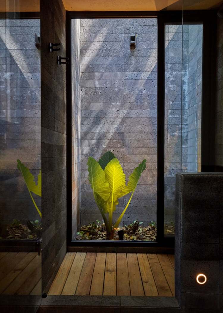 lille badeværelse med glasdør og terrasse med planter