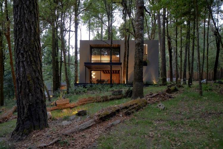 moderne og traditionel arkitektur gennem hytter i skoven og naturlige omgivelser