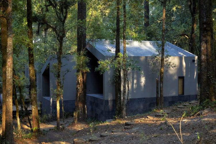hytter anbragt side om side i skoven med facader lavet af vulkansk sten