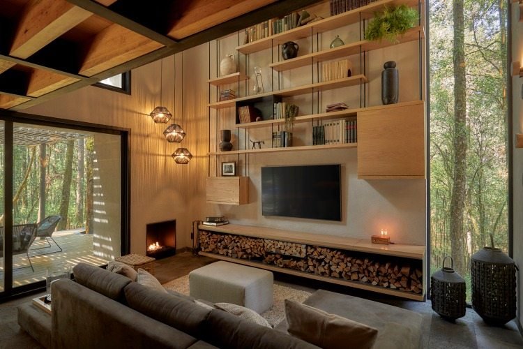 diskret møbleret stue med væghylde og fladskærms -tv over brænde