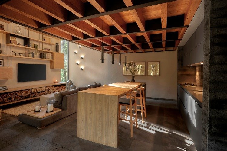 hyggelig stue med fyrretræsbjælker i loftet og indbygget køkken