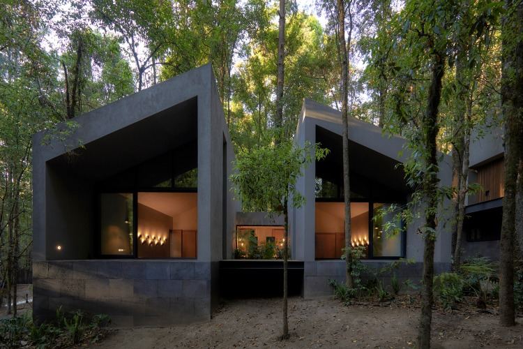 to sammenkoblede hytter i skoven med moderne design og arkitektur