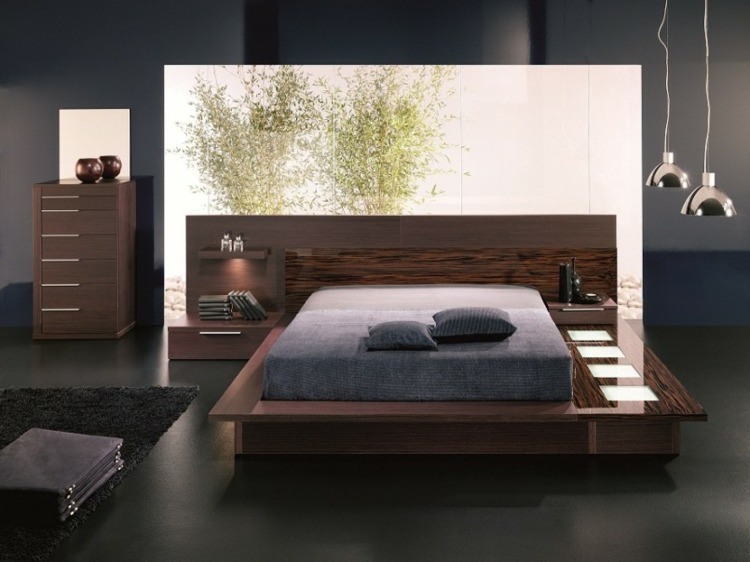 idé-soveværelse-træ-seng-højglans-elementer-sort-væg-gulv-naturlig-dekoration