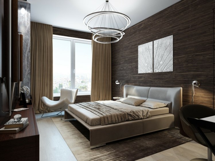 idé-soveværelse-træ-væg-brun-tæppe-læder-seng-beige-gardiner-designer-lampe