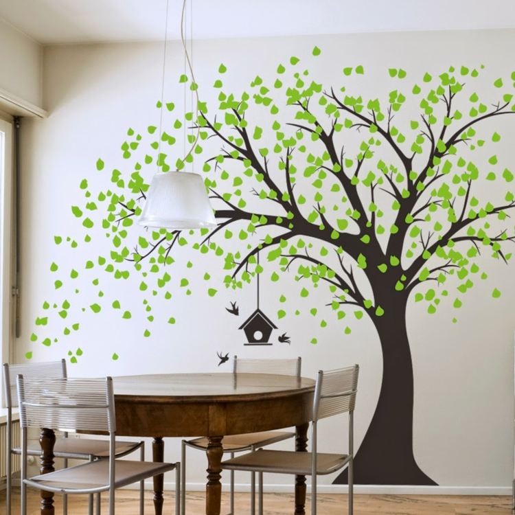 væg tegning træ blade birdhouse spisebord stole lampe idé