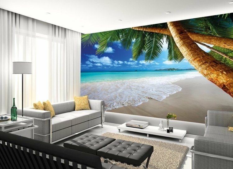 ideer til vægbillede tapet strand palme stue