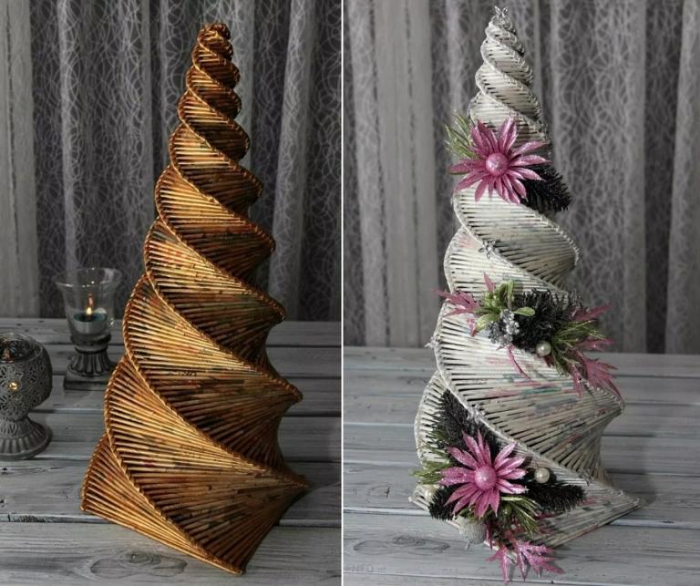 Store kunsthåndværksprojekter piller med papirruller til jul - spiralformet grantræspyramide