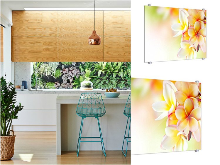 ideer-jungle-look-køkken-stænk-beskyttelse-glas-løv-plumeria-blomster