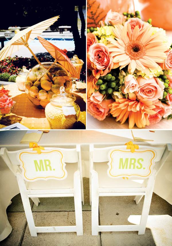 Bryllup dekoration forårsblomster bord citrusfrugter