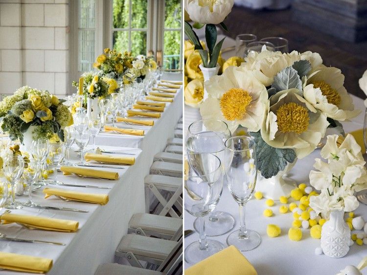 Bryllupsideer-forår-deco-gul-kludservietter-gule-roser-hrysanthemums
