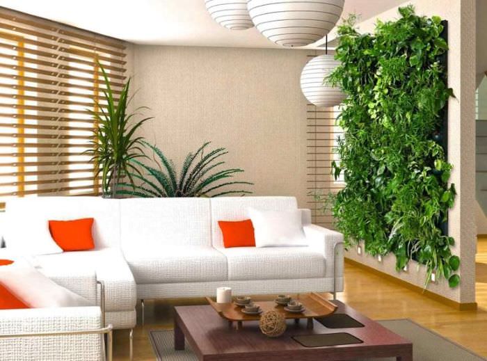 Levende vegg av innendørs planter i det indre av stuen