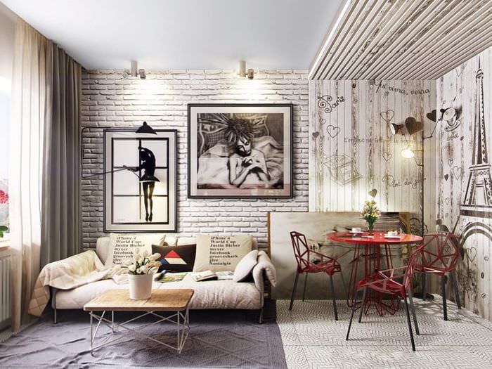 Design modern de living cu perete de cărămidă