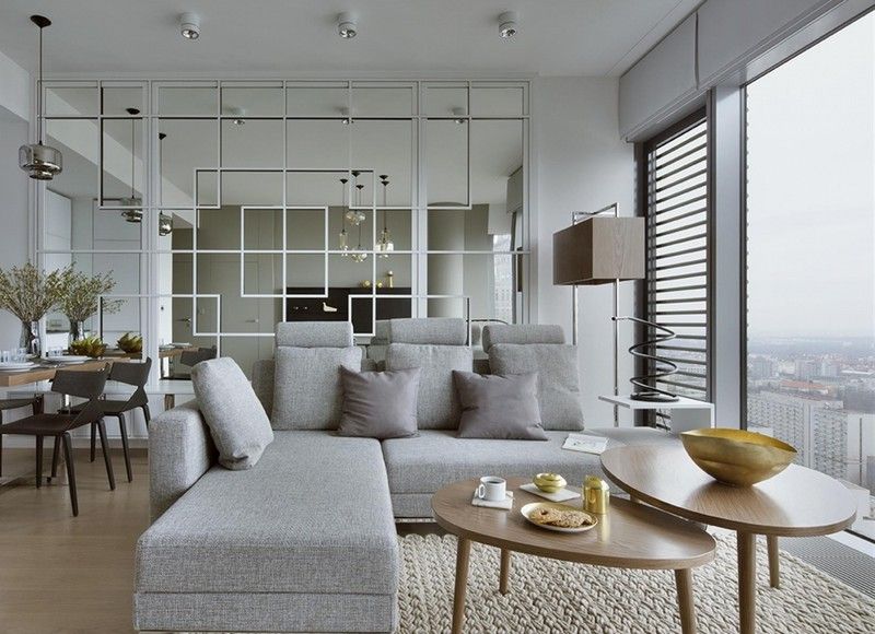 Indretning-ideer-stue-glas væg-hjørne sofa-grå