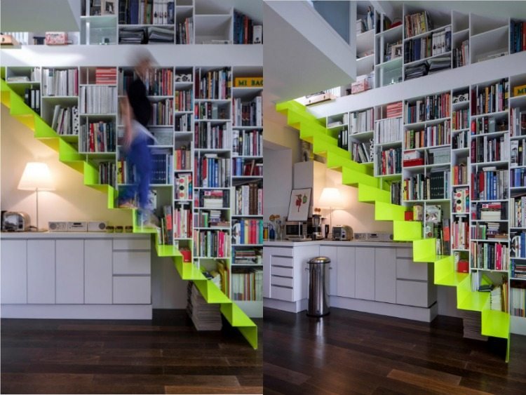 interiør-trappe-moderne-design-stringer-trappe-neon grøn-bog væg
