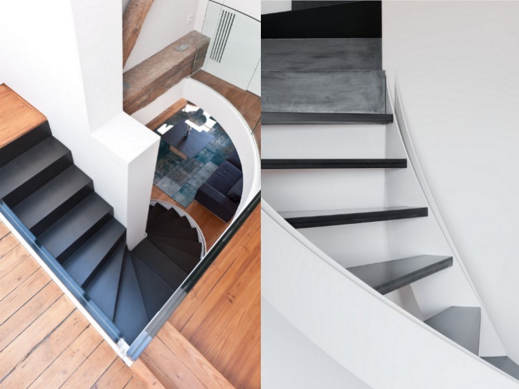 indvendig trappe-moderne-design-buet trappe-trætrappe-sort-hvid