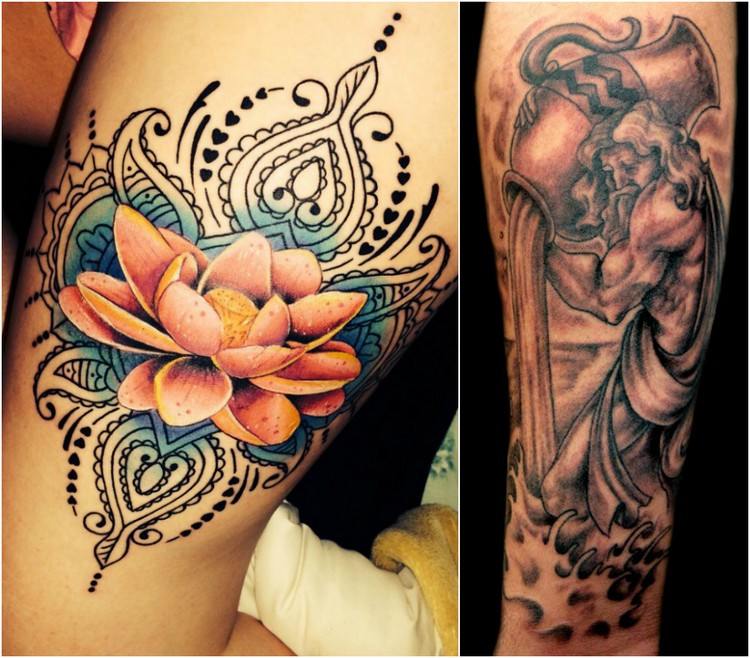 Zodiac tatovering vandmand-lotus-blomst-lår-mand-vand-overarm