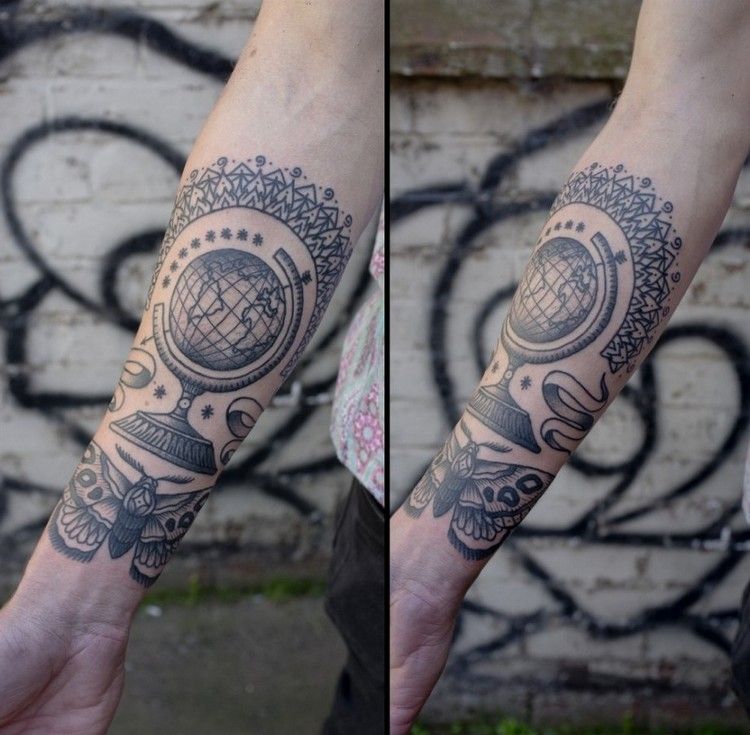 stjernetegn tatovering libra globus mandala rejsemotiv underarm