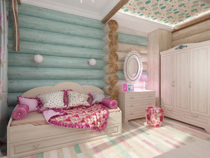 Интериор на детска стая за момиче в дървена къща