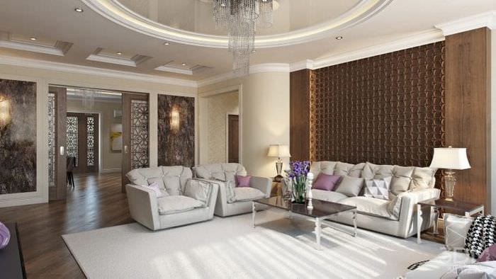 Møbler i det indre av stuen i stil med minimalisme