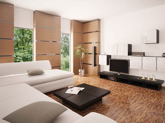 Interiøret og utformingen av stua i stil med minimalisme