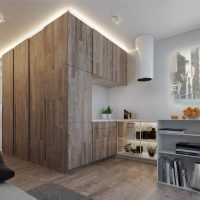 Bucătărie minimalistă cu dulapuri din lemn
