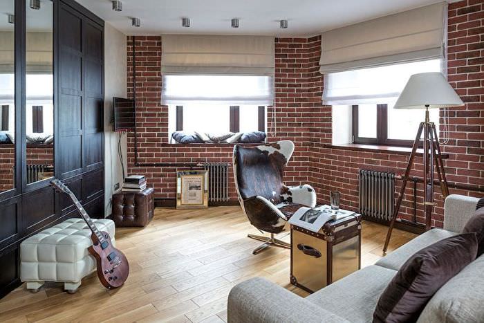 Loft stílusú sarokszoba belseje