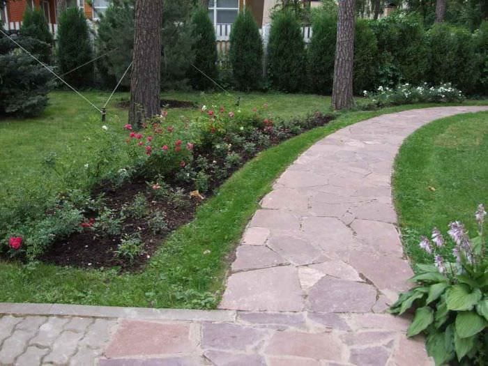 ett exempel på användning av ljusa trädgårdsvägar i utformningen av gården